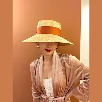 Женская соломенная шляпа с широкими полями, летняя шляпа для защиты от солнца, резьбовой цилиндр, французская ретро пляжная маска, шляпа