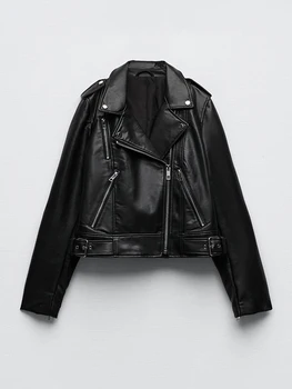 Демисезонная женская уличная одежда, черная куртка из искусственной кожи, мото-байкерская женская куртка на молнии с лацканами, свободная женская верхняя одежда