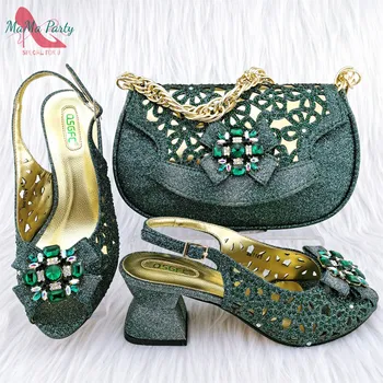 Зеленый цвет, высокое качество, новинка, горячая распродажа, милая женская обувь и сумка в комплекте, вечерние туфли-лодочки со сверкающими кристаллами