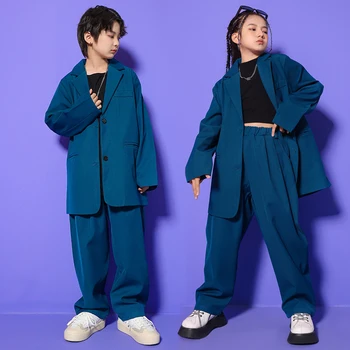 Детская одежда в стиле хип-хоп, синяя рубашка оверсайз, куртка, топы, повседневные уличные брюки для девочек и мальчиков, костюм для джазовых танцев, комплект одежды