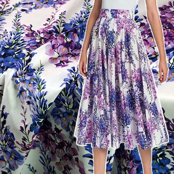 Весенне-летний эластичный атлас, цветок глицинии, ткань для одежды с цифровой печатью, дизайнерская ткань для платья-рубашки ручной работы.