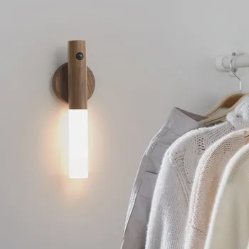 E2 LED Wood Беспроводной PIR Ночник USB Настенная Настольная лампа для кухонного шкафа, Настольная лампа для домашней спальни, Прикроватное освещение