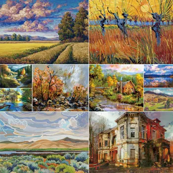 Пейзаж Осеннее поле, Напечатанные узоры для вышивания крестиком, вышивка, рукоделие, Хобби, вязание, живопись, декор комнаты, Волшебство, разное