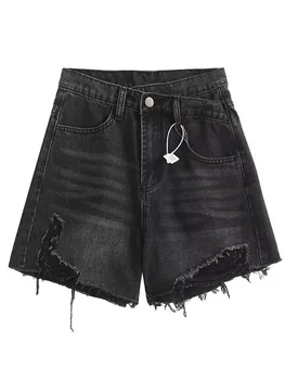 Летние винтажные женские тонкие джинсовые шорты с высокой талией, свободные, рваные, широкие штанины