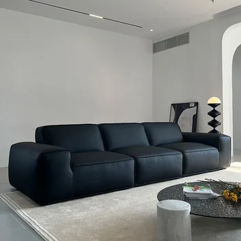 Итальянский минималистичный кожаный диван с верхним слоем из воловьей кожи, гостиная с прямым рядом, небольшой блок, полностью кожаный, черная сетка, красное лето