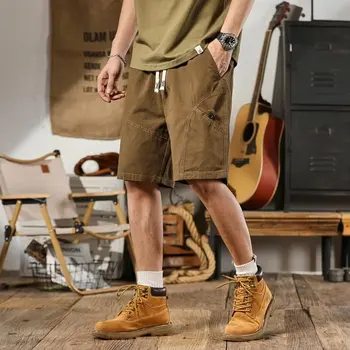 Шорты-карго Мужские летние, с несколькими карманами, мешковатые прямые повседневные мужские короткие брюки, однотонные