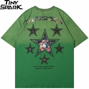 2023 Мужская футболка с градиентом, уличная одежда, футболка с изображением звезды и цветка, хип-хоп, негабаритная футболка с цветочным рисунком в стиле Харадзюку, хлопковые топы, футболки зеленого цвета