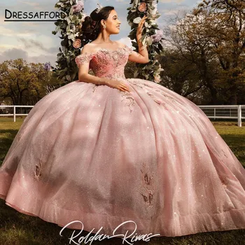 Розовое пышное платье 2023 с 3D цветами, с открытыми плечами, из пышного тюля, милое праздничное платье на 15 лет, день рождения, выпускной бал