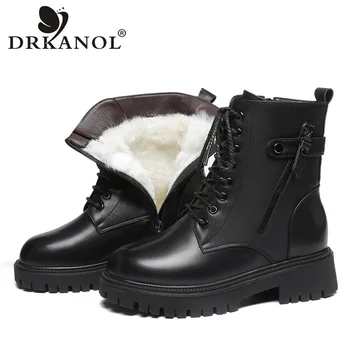 DRKANOL/ Большие размеры 35-43, зимние женские зимние ботинки, ботильоны на плоской подошве из натуральной кожи, женская шерстяная теплая обувь на платформе