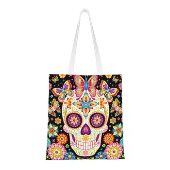 Сахарный череп с бабочками и цветами От Thaneeya McArdle, сумка для покупок в продуктовых магазинах, холщовая сумка-тоут, сумки через плечо, сумочка