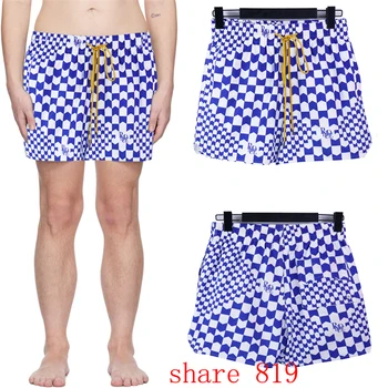 Сетчатые шорты Rhude Сине-белые короткие брюки в клетку с рисунком для мужчин и женщин, пляжные бриджи на завязках