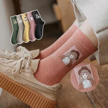 Печать женских носков с ворсом в японском стиле, 1 пара, Однотонные Длинные носки, Носки средней длины, хлопок, Абстрактная картина маслом
