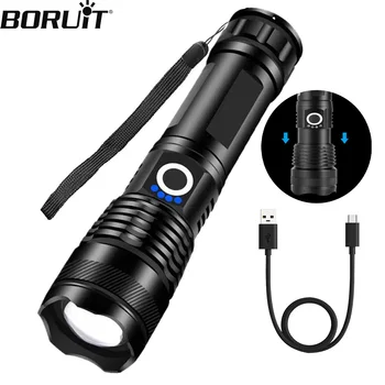 BORUiT P50 Мощные светодиодные фонари, 5-режимный USB перезаряжаемый фонарик с зумом, Тактический портативный телескопический фонарь, походный фонарь