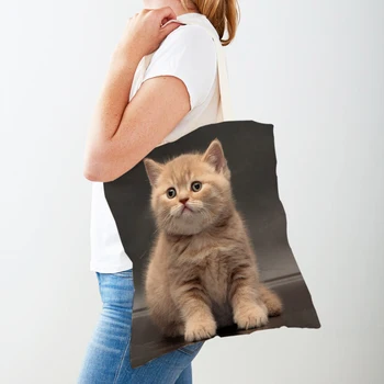 Женская холщовая сумка-тоут с милым кошачьим принтом, многоразовые синие сумки для покупок из британской короткошерстной шерсти, двусторонняя повседневная сумка для покупок для женщин