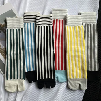 JK Harajuku Яркие Шелковые носки в вертикальную полоску с раздельным носком, Винтажные дышащие хлопчатобумажные носки с двумя носками, Милые носки-шлепанцы-таби