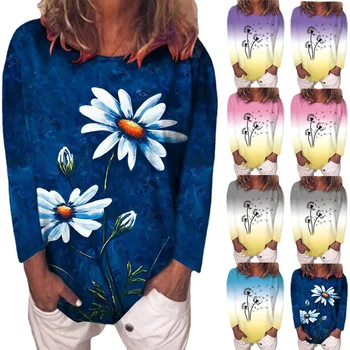 свободные футболки, женские топы с длинным рукавом и круглым вырезом, женские пуловеры, женская сексуальная мода, хит продаж, цветы, повседневные тканевые подштанники FC1298
