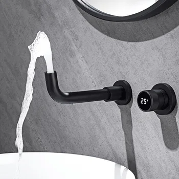 Черный латунный смеситель для ванной комнаты, скрытый Интеллектуальный дизайн цифрового дисплея, Одинарная ручка, 2 отверстия для холодной и горячей воды, Смеситель для умывальника с двойным управлением