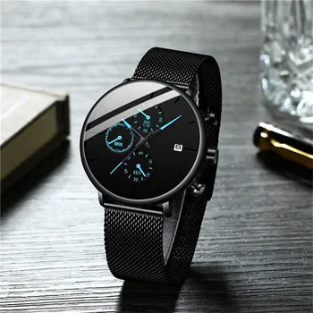 Модные минималистичные часы 2022, мужские ультратонкие синие часы с сетчатым поясом из нержавеющей стали, мужские деловые повседневные кварцевые наручные часы