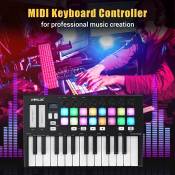 Портативная 25-клавишная USB MIDI-клавиатура-Контроллер WORLDE Orca mini25 с 16 Триггерными Площадками с RGB Подсветкой и 8 Назначаемыми Ручками управления