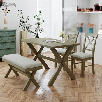 Кухонный обеденный стол из деревенского дерева, 4 предмета, кухонный гарнитур с мягкой обивкой, 2 стула с Х-образными спинками и скамейка, серо-зеленый, Мебель для дома
