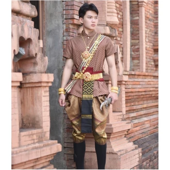 Традиционная тайская одежда для мужчин Сценическое шоу Рубашка Брюки Национальная одежда Таиланда Костюм Одежда Юго-Восточной Азии