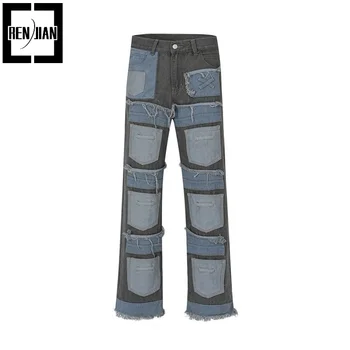 Мужские джинсовые брюки в стиле хип-хоп с заплатками для хай-стрит, модная уличная одежда в стиле харадзюку, джинсовые брюки Y2K в стиле пэчворк