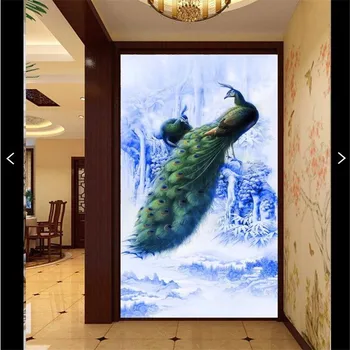Пользовательские 3D-обои beibehang светло-голубые элегантные 3D-обои на крыльце с павлином, украшающие гостиную, ресторан отеля
