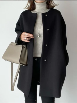 Офисная леди в японском стиле, элегантные пальто из твердой шерсти, свободная повседневная куртка на пуговицах, осень-зима, универсальная верхняя одежда