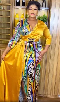 Платья с африканским принтом для женщин, летняя мода, африканский V-образный вырез, длинный рукав, полиэстер, черное, зеленое, желтое длинное платье, платье макси