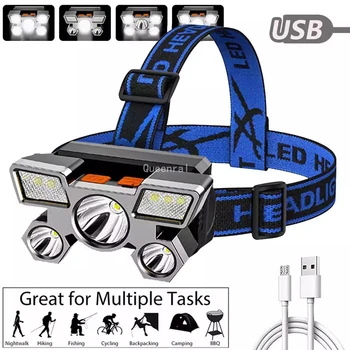 Мощный налобный фонарь на 5 светодиодов, портативный USB-перезаряжаемый головной фонарь, фонарик для пеших прогулок, фонарь для рыбалки, встроенный аккумулятор 18650