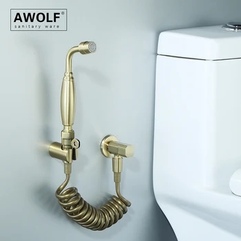 Awolf Матовая золотая система унитаза биде Гигиеническая насадка для душа из цельной латуни с двумя функциями для ванной Комнаты Анальный душ с мягкой водой AP2337