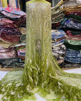 OIMG 2023 Высококачественная французская кружевная ткань с вышивкой из перьев в Африканском Нигерийском стиле с бисером и блестками для свадебного платья