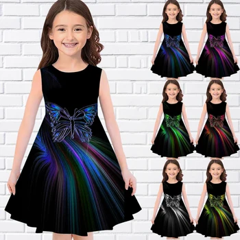 Новый 3D-принт с рисунком бабочки, Летние платья для девочек без рукавов, повседневные модные платья для девочек с круглым вырезом для Ид, одежда для девочек