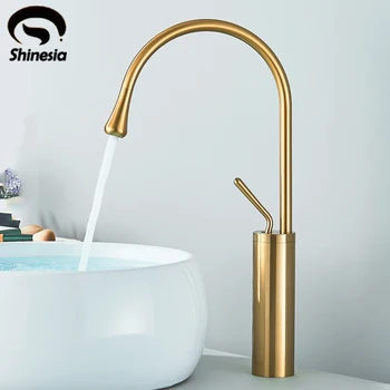 Матовый золотой смеситель для ванной комнаты Shinesia, Однорычажный смеситель для раковины в ванной, Латунные краны для умывальника, горячая и холодная вода