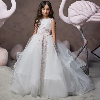 Элегантные белые платья без рукавов для девочек-цветочниц на свадьбапринцесса, тюлевое платье, платья для первого причастия, официальные мероприятия