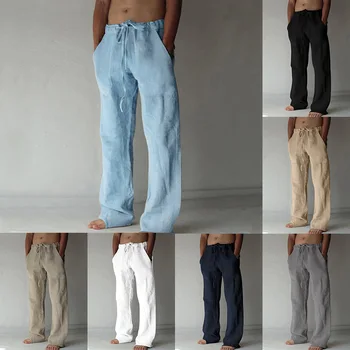 Простой стиль, однотонная верхняя одежда из тонкого льна, повседневные брюки, эластичные свободные мужские брюки