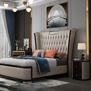 постмодернистская легкая роскошная кровать с кнопками, простой дизайн, квадратная кожаная двуспальная кровать для гостей, мебель для спальни