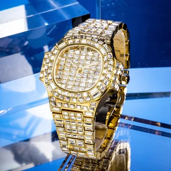 Лучшие Новые горячие мужские Часы Багет AAA Муассанит, Роскошные Стальные Кварцевые часы со льдом, Люминесцентные Золотые украшения для мужчин