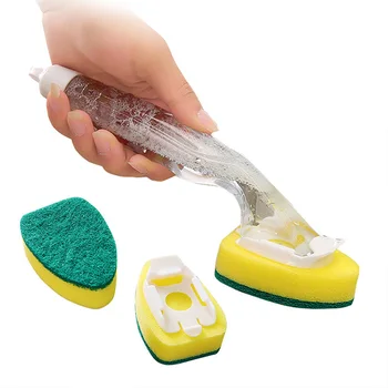 Сменная щетка для чистки с ручкой для заправки жидкостью, губка для чистки, Диспенсер для щетки, скруббер для мытья посуды, инструмент для мытья дома