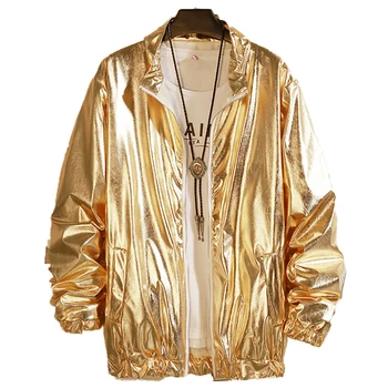 Блестящая Золотая куртка на молнии, мужская вечеринка, ночной клуб, Танцевальный выпускной, Тонкая куртка, пальто, уличная одежда в стиле хип-хоп, Яркая мужская одежда