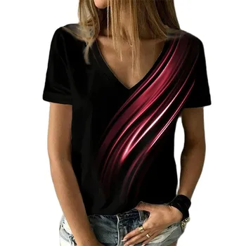 Модные футболки для женщин 3D сплошной цвет короткие рукава топы повседневная V-образным вырезом футболки женские негабаритных Харадзюку топы одежда