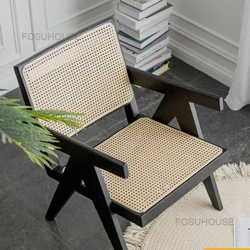 Обеденный стул со спинкой из ротанга в скандинавском стиле, Одноместный стул, мебель для семейной гостиной, диван из массива дерева в скандинавском стиле, кресло со спинкой из вишневого дерева