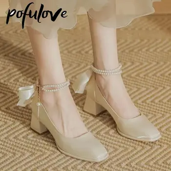 Pofulove/ тонкие туфли на толстом каблуке с квадратным носком; женские свадебные туфли с жемчужным бантом в сказочном стиле на высоком каблуке; Прямая поставка; оптовая продажа;