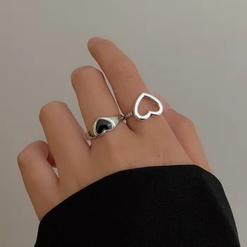 2023 Новое Модное Винтажное кольцо с простым Сердцем, Персонализированное Кольцо с регулируемым Отверстием, Модное Черное кольцо для девочек