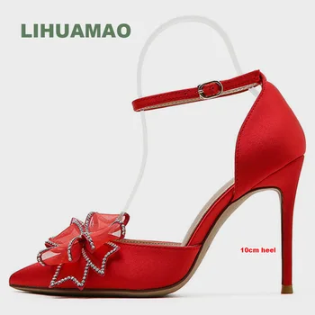 LIHUAMAO красные женские свадебные туфли на высоком каблуке сандалии партия танцы на высоких каблуках насосы острым носом лодыжки ремень сандалии 