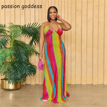 Летнее Женское длинное плиссированное платье в радужную полоску на бретелях со шнуровкой, Африканское сексуальное вечернее платье Макси с открытой спиной, пляжное платье, сарафан в стиле бохо
