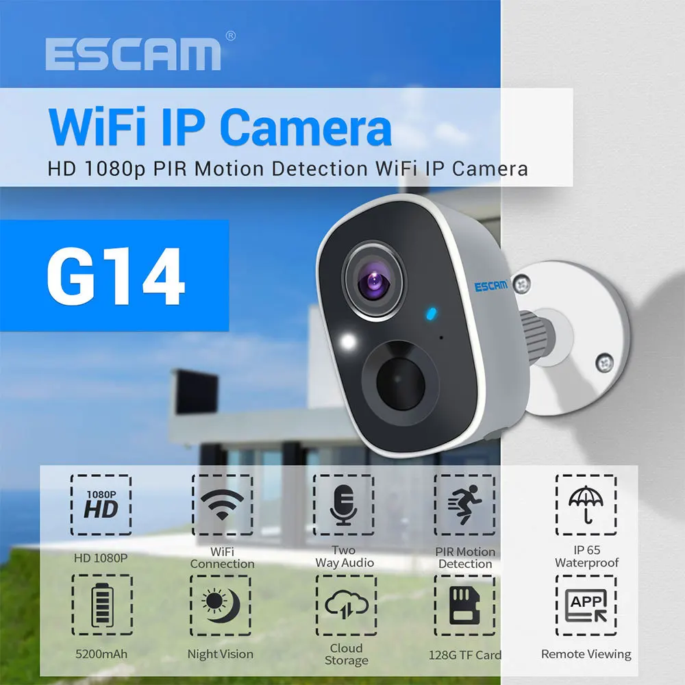 ESCAM G14 IP-камера WiFi 1080P H.265, распознавание AI Full HD, Перезаряжаемая батарея, сигнализация PIR, Облачное хранилище, Электронное