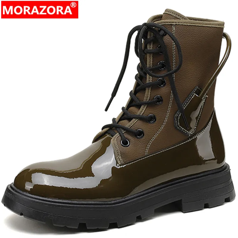 MORAZORA/ 2022 Новые женские ботинки из лакированной кожи на платформе, уникальные однотонные ботильоны на шнуровке, зимняя обувь на среднем толстом каблуке
