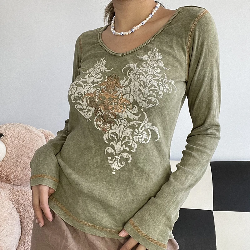 Y2k топ с длинным рукавом для женщин футболка уличная одежда Харадзюку винтаж ретро цветочный принт выдалбливают эстетические Tee топы