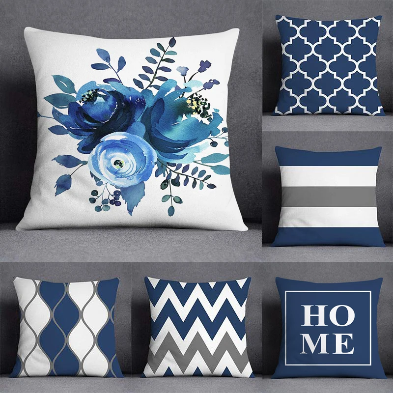 Декоративная наволочка с синим рисунком, геометрическая наволочка в полоску, наволочка для автомобиля, декор дивана, наволочка для дома, наволочка для подушки 45X45 см